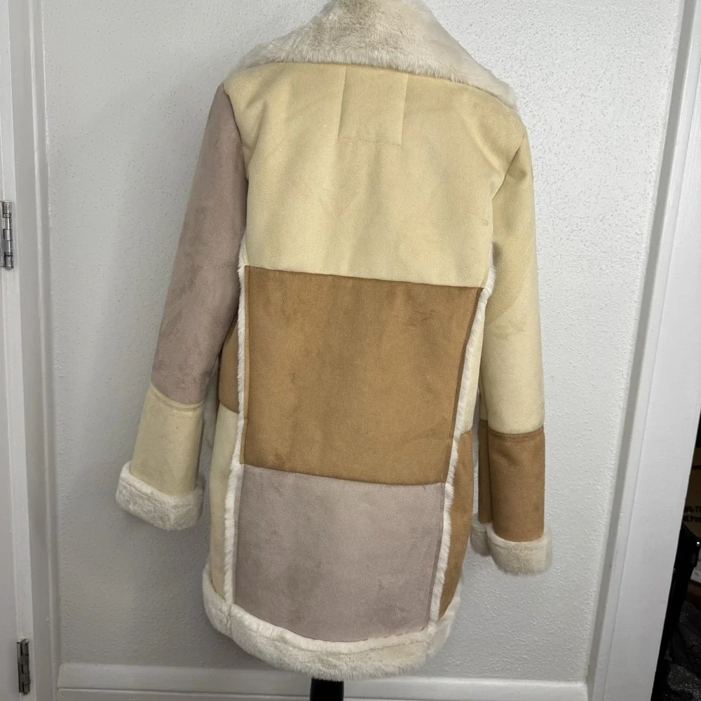 Hollister Faux Shearling Coat Patchwork Tan/ Cream Panels Size XS Women's